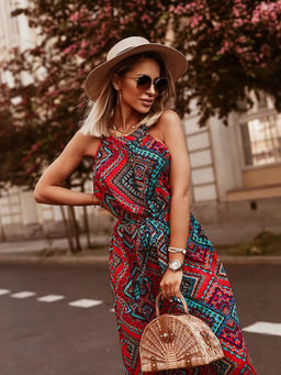 Outzidr - Red Printed Halter Neck Maxi Dress With Belt (Set of 2)