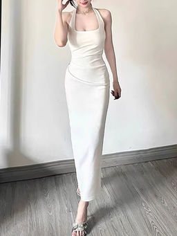 Outzidr - White Solid Fitted Halter Neck Maxi Dress