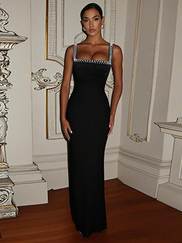 Outzidr - Black Square Neck Glitter Strappy Maxi Dress