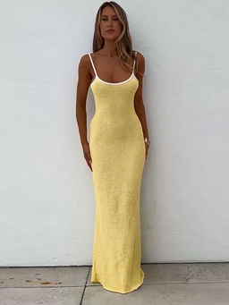 Outzidr - Yellow Contrast Binding Vacay Maxi Dress