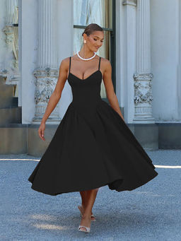 Outzidr - Black Structured Corset Midi Dress