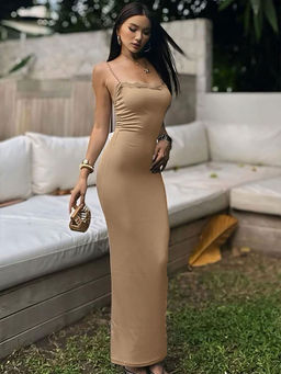 Outzidr - Beige Solid Strappy Maxi Dress