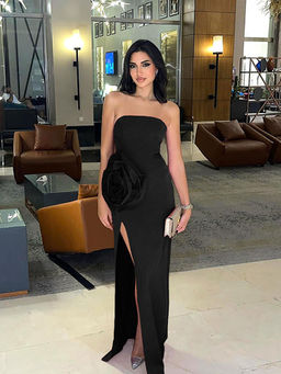 Outzidr - Black Tube Maxi Dress With A Rosette Detail