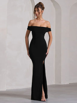 Outzidr - Black Off-Shoulder Maxi Dress With Side Slit