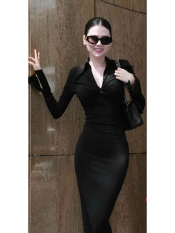 Outzidr - Black Collared Twisted Maxi Dress