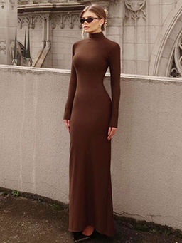 Outzidr - Brown High Neck Fitted Bodycon Maxi Dress