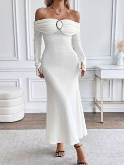 Outzidr - White Off-Shoulder Maxi Dress With Metal Trim