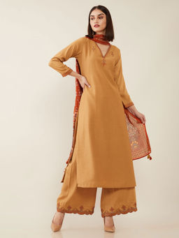 Soch - Beige Machine Embroidery Silk Unstitched Dress Material - 3 Meter Kurta Fabric
