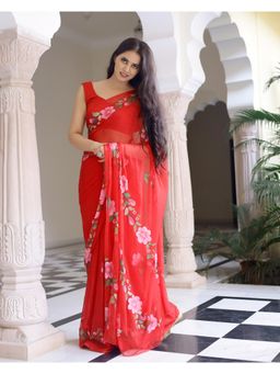 Mayurie - Tulip Handpainted Chiffon Saree with Unstitched Blouse