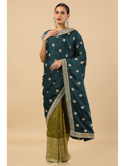 Soch - Teal Tussar Embroidered Saree with Unstitched