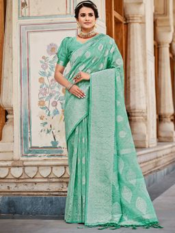 Odette - Womens Sea Green Linen Woven Design Saree with Unstitched Blouse