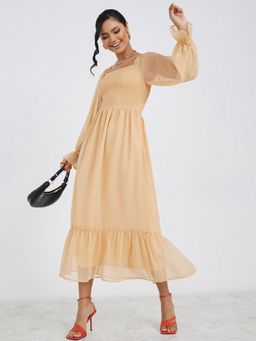 Styli - Beige Sheer Long Sleeves Gathered Detail A-line Midi Dress