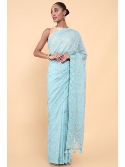 Soch - Women Blue Organza Embroidered Saree with Unstitched Blouse