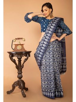 Unnati Silks - Blue Pure Krisha Block Printed Cotton Saree with Unstitched Blouse