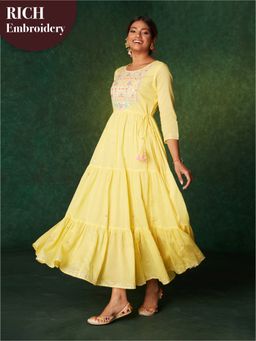 Likha - Yellow Mirror Embroidered Tiered Dress LIKDRS35