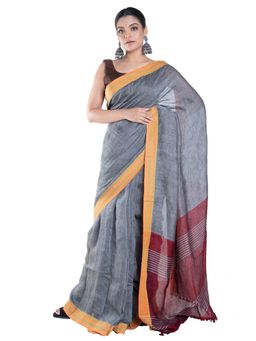 Boveee - Dusky Grey Handloom Linen Saree With Contrasting Border And Pallu with Unstitched Blouse