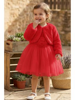 Lagorii - Red Party Wear Frock With Faux Fur Jacket And Hairband