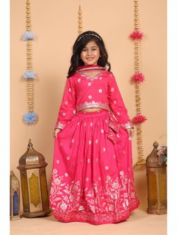 Superminis - Pink Floral Printed Lehenga With Choli And Dupatta