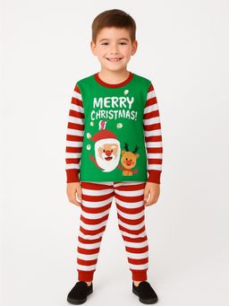 Little Surprise Box - Green Bold Stripes Soft Cotton Kids Christmas Night Suit