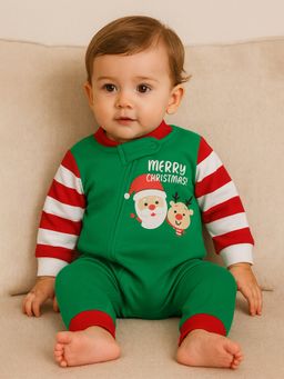 Little Surprise Box - Green And Red Bold Stripes Soft Cotton Christmas Sleepsuit