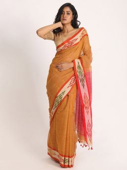 Angoshobha - Kotki Border Orange Cotton Blended Handloom Saree with Unstitched Blouse