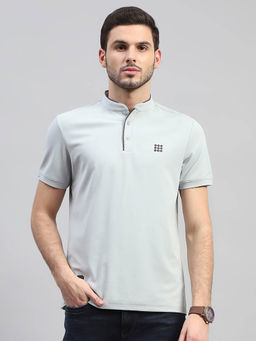 Rock.it - Mens Grey Solid Mandarin Neck Half Sleeve T-Shirt