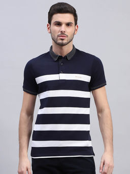 Monte Carlo - Mens Navy Blue Striped Collar Neck Half Sleeve Polo T-Shirt