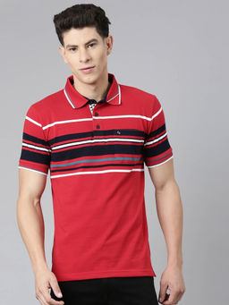 Classic Polo - Mens Striped Red Collar Neck Polo T-Shirt