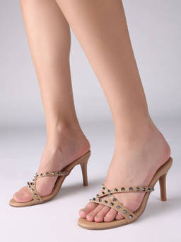 RSVP by Nykaa Fashion - Brown Studded Round Toe Slip On Stiletto Heels For Women