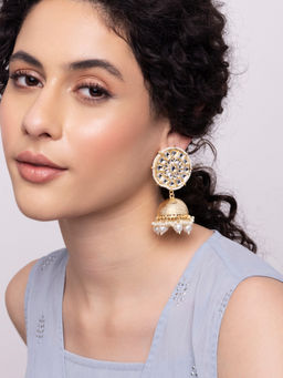 Indya - Gold Circular Kundan Pearl Drop Jhumka Earrings