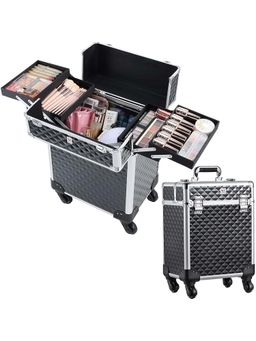 NFI Essentials - Aluminium Makeup Box with Keys Swivel Wheels Makeup Box Case Large