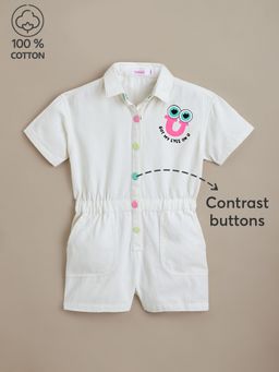Hopscotch - Girls White Contrast Button Denim Cotton Playsuit