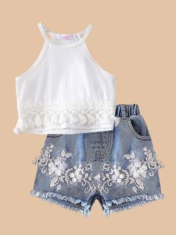 Hopscotch - Girls White Blooming Beautiful Shorts With Blouse
