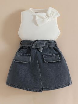 Hopscotch - Girls White Bow Applique Blouse & Denim Skirt