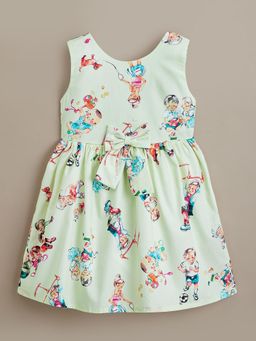 Hopscotch - Girls Green Cotton All-Over Print Casual Knee Length Dress