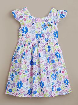 Hopscotch - Girls White Cotton Floral Casual Knee Length Dress