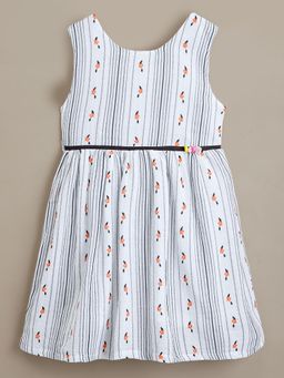 Hopscotch - Girls White Cotton Striped Casual Knee Length Dress