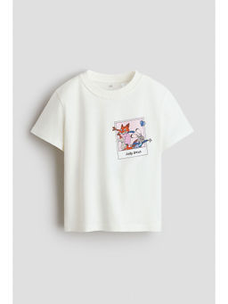 H&M - Girls White Print-Motif Cotton T-Shirt