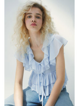 H&M - Women Blue Flounced Tie-Front Blouse