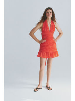 H&M - Women Red Ruched Scarf-Detail Dress