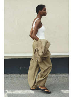 H&M - Women Green Linen-Blend Barrel Trousers