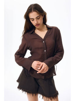 H&M - Women Brown Tie-Detail Linen-Blend Shirt