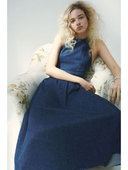 H&M - Women Blue Flared-Skirt Denim Dress