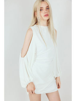 H&M - Women White Balloon-Sleeved Cold Shoulder Dress