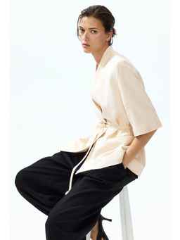 H&M - Women Beige Short-Sleeved Linen-Blend Blazer