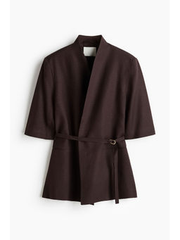 H&M - Women Brown Short-Sleeved Linen-Blend Blazer