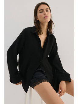 H&M - Women Black Crinkled Viscose-Blend Shirt