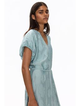 H&M - Women Turquoise Tie-Belt Jacquard-Weave Dress