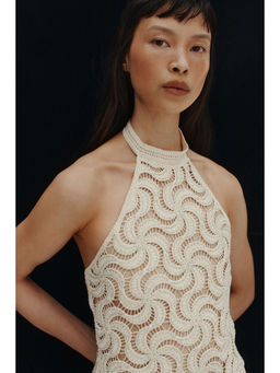H&M - Women White Beaded Crochet-Look Halter Neck Top