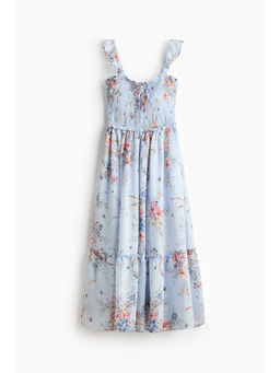 H&M - Women Blue Frill-Trimmed Smocked-Bodice Dress